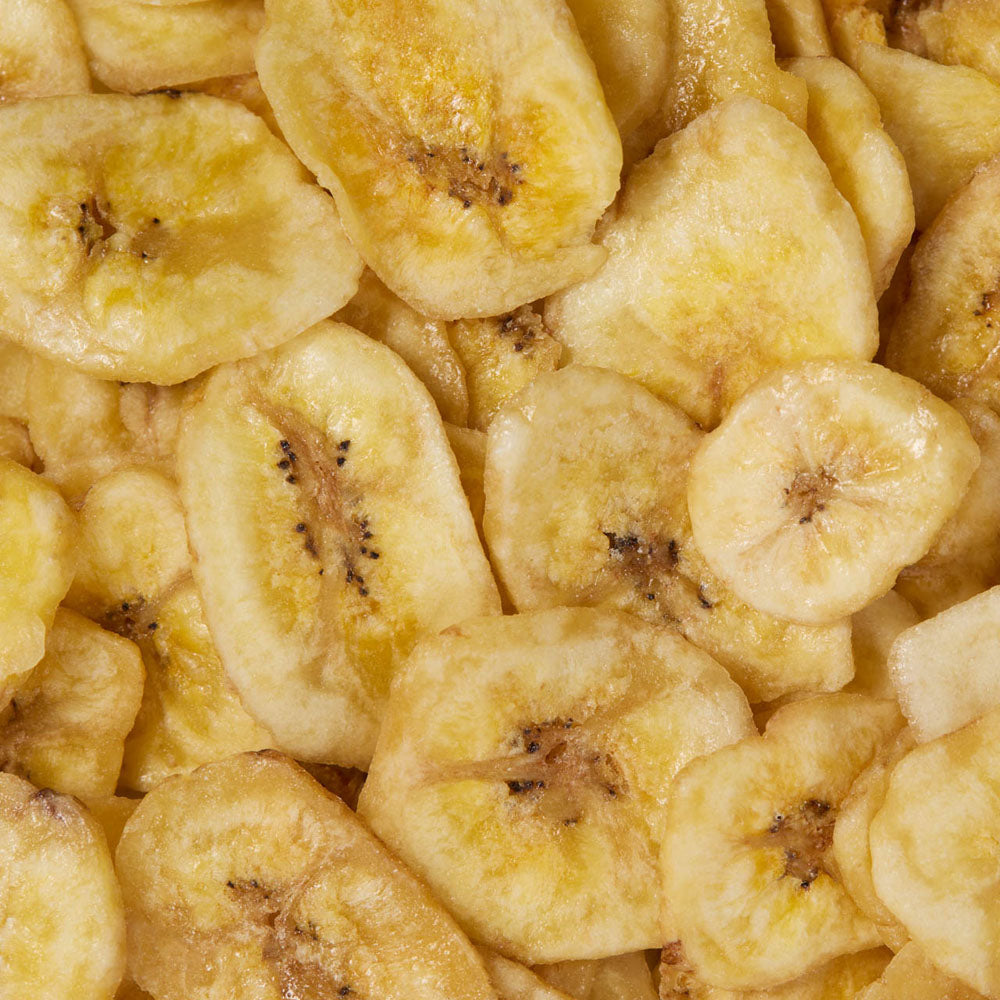 Close-up of dried banana chips healthy snacking UK