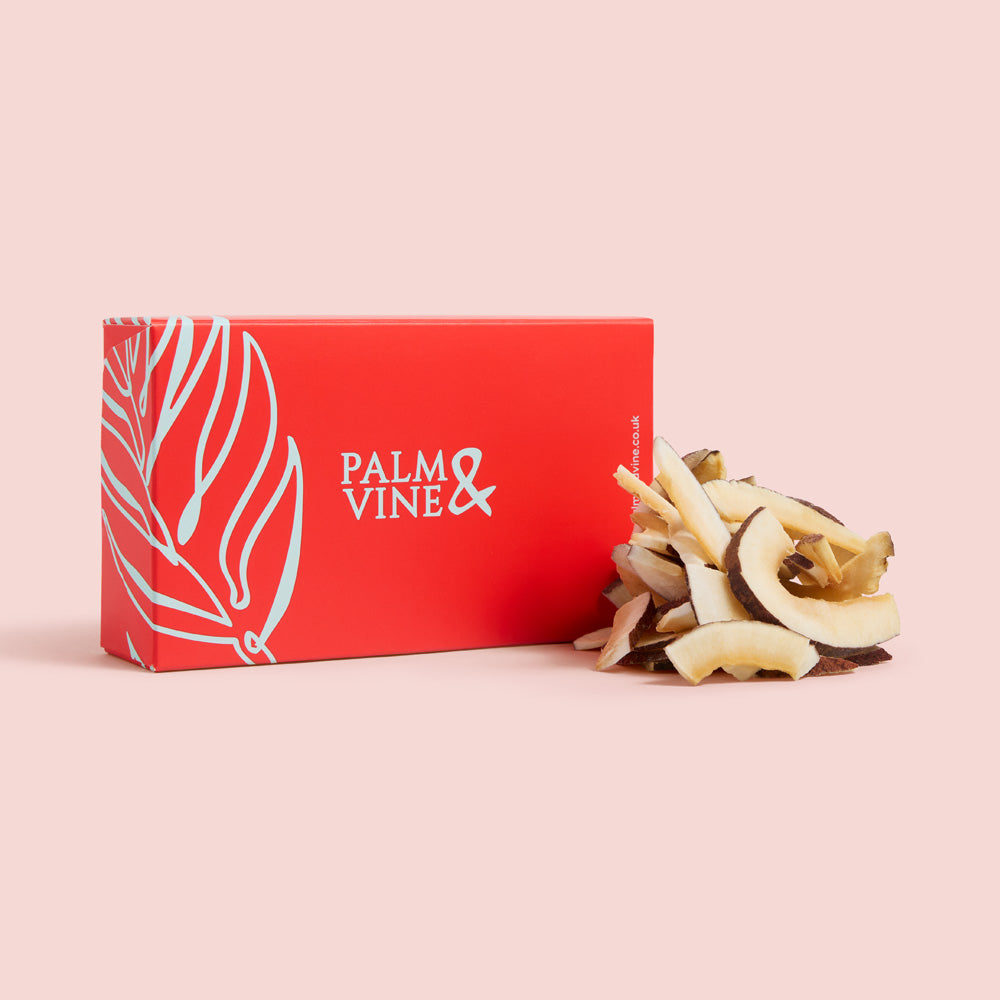 Red box with 'Palm & Vine' branding and dried coconut on a pink background healthy snacking UK