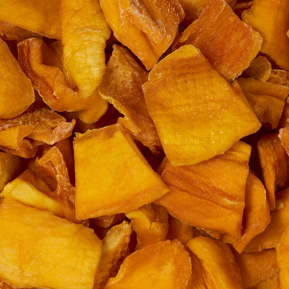Close-up of dried mango chunks healthy snacking UK