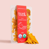 Packaged mango slices with a red label on a light pink background healthy snacking UK